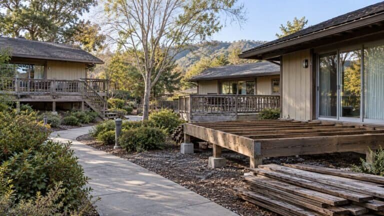 Residential community cottages with private decks, one stripped to the framing during the rebuild program