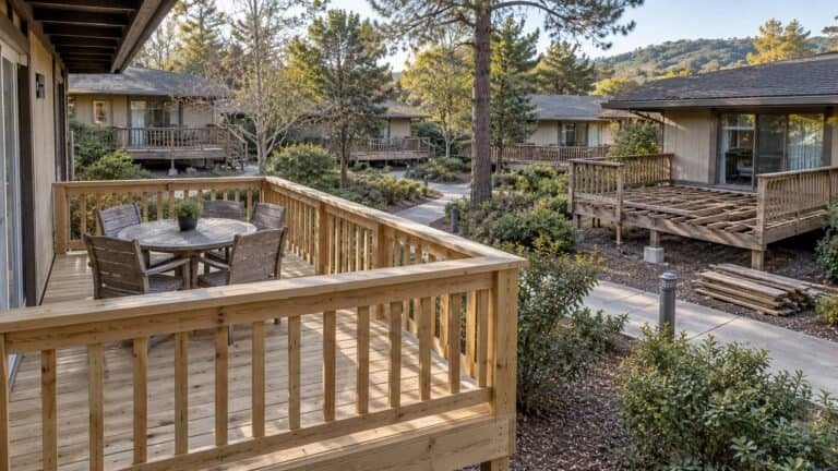 Finished private deck with a new guardrail beside a neighbouring deck still under rebuild in Los Altos