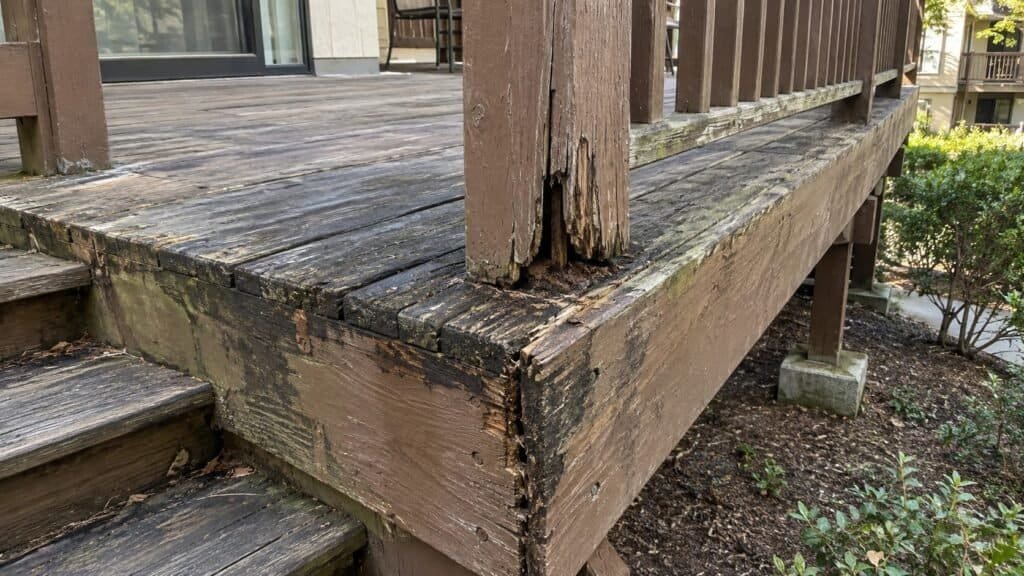 Guardrail post rotted through where it meets a decayed rim board on a private deck before repair