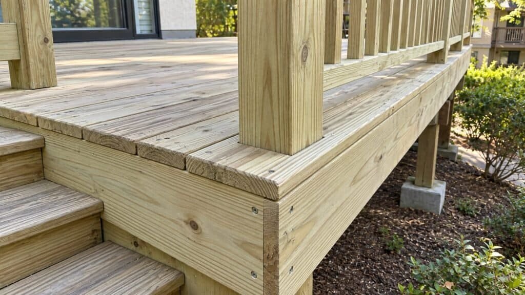 New rim board and pressure-treated guardrail post after structural railing repair in Los Altos