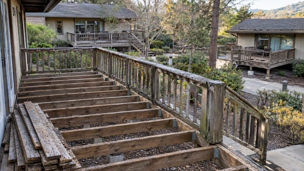Private deck stripped to the joists with the old weathered guardrail still in place in Los Altos