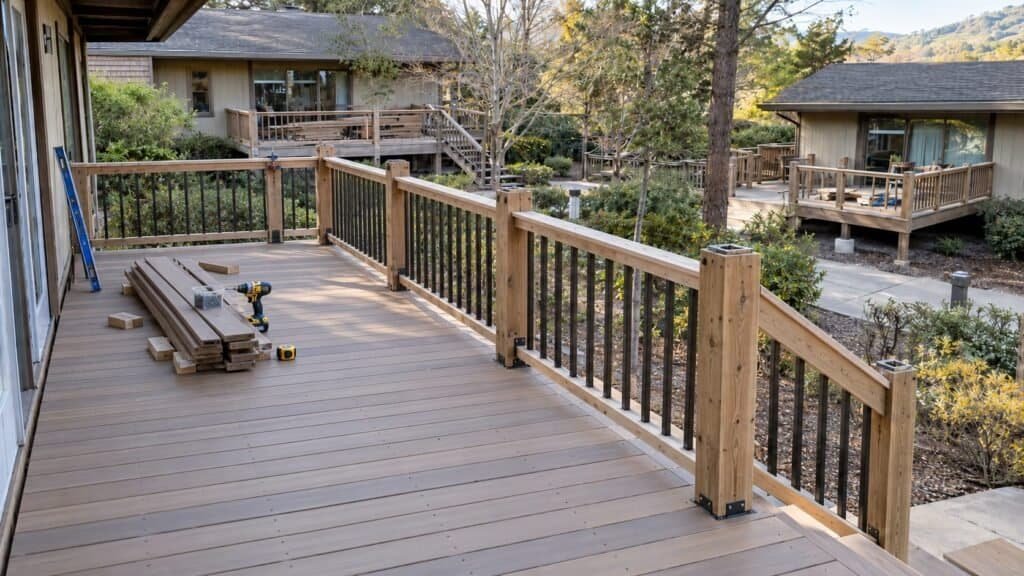 Rebuilt private deck with new decking and a code-height guardrail with metal balusters in Los Altos