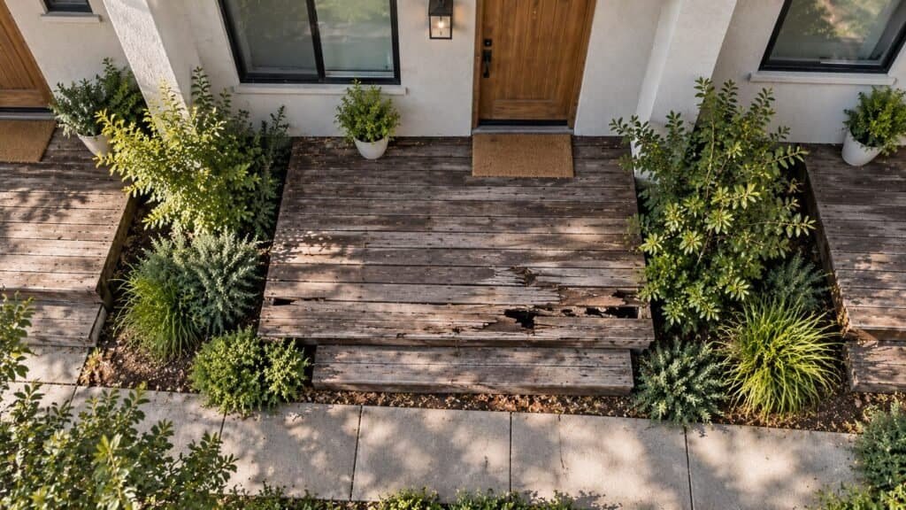 Broken-through entry deck boards on the walking line to a townhome front door before replacement