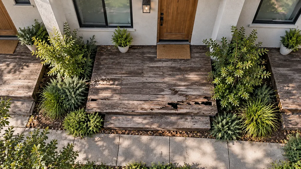 Broken-through entry deck boards on the walking line to a townhome front door before replacement