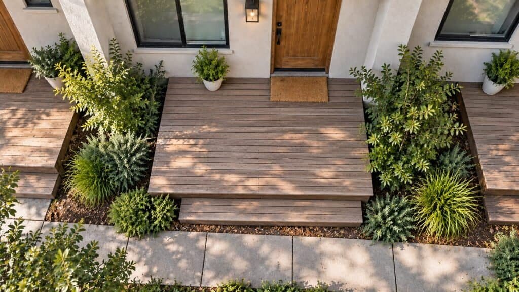 Rebuilt entry deck with continuous new boards and step at the townhome front door in Pleasanton