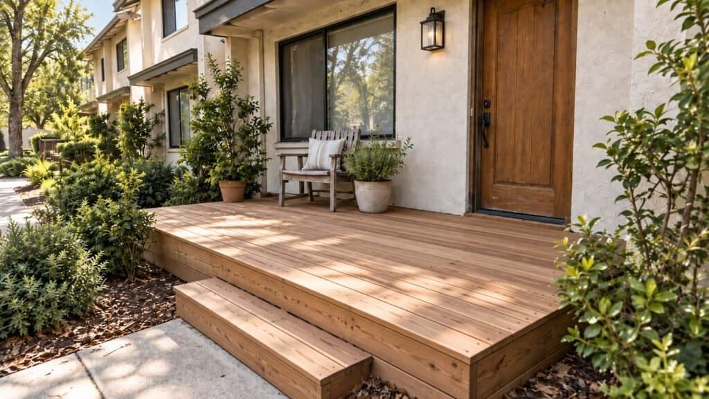 Replaced townhome entry porch deck and step with new boards and a clear edge in Pleasanton