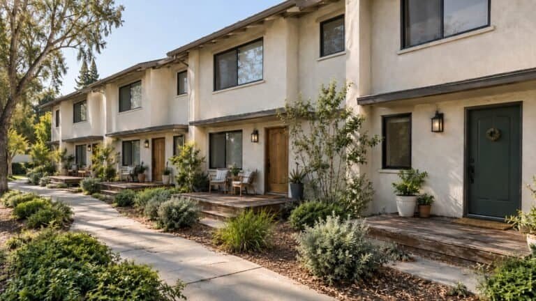Row of townhome entry porch decks with landscaping planted tight to the edges in Pleasanton