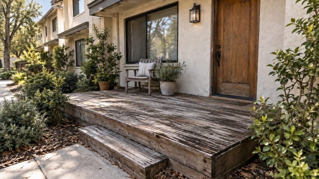 Weathered townhome entry porch deck with splitting boards and planting tight to the edge in Pleasanton