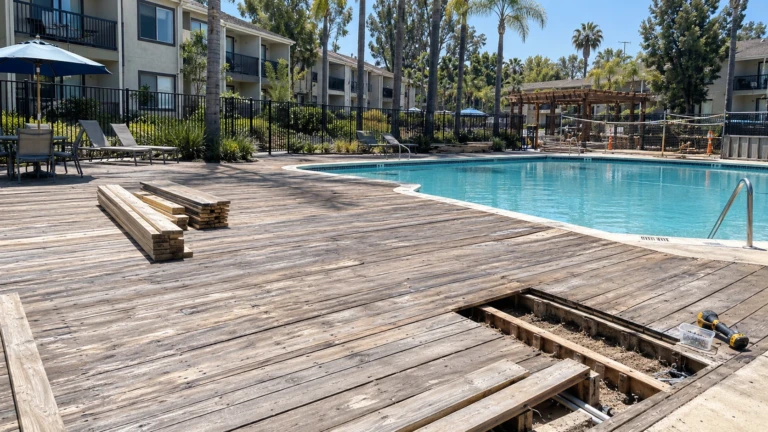 Apartment community pool deck under rebuild in Roseville with old decking removed over the slab and new lumber staged
