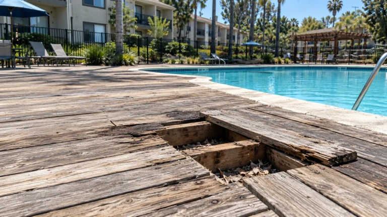 Broken-through pool deck boards exposing sleepers over the slab at the water's edge in Roseville