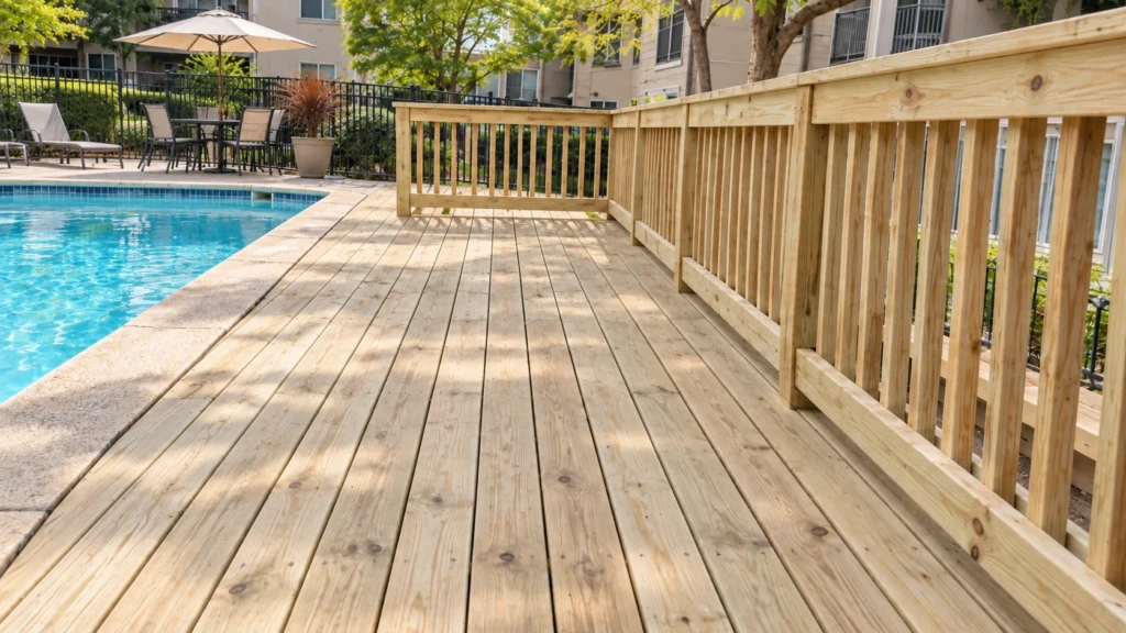 New pressure-treated pool deck and railing at a Roseville apartment community after replacement
