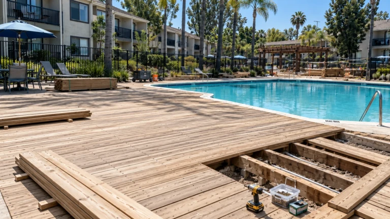 Apartment pool deck mid-rebuild with new decking laid and a section still open to the sleepers over the slab