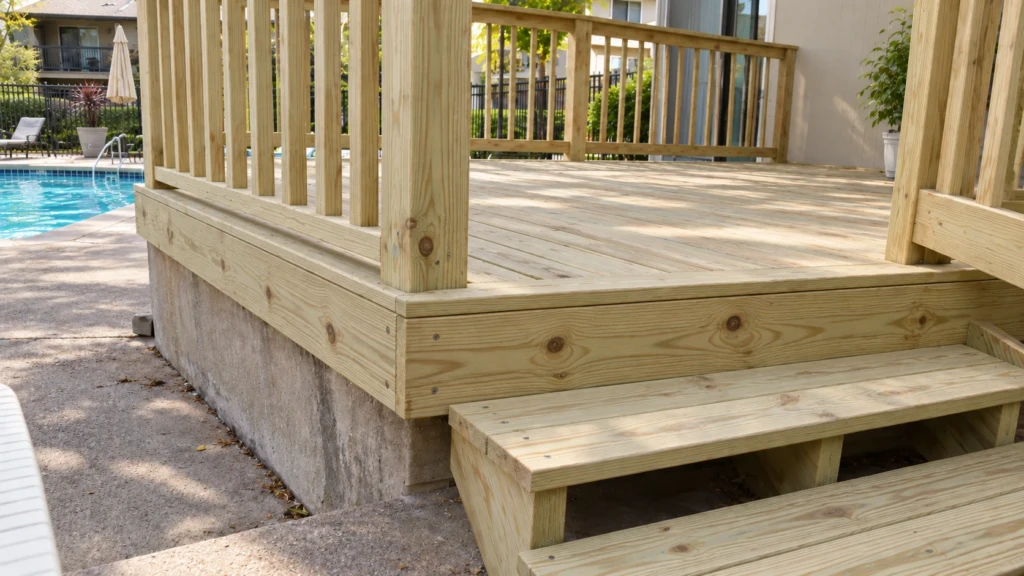 Rebuilt raised pool deck platform and steps with new decking and fascia in Roseville