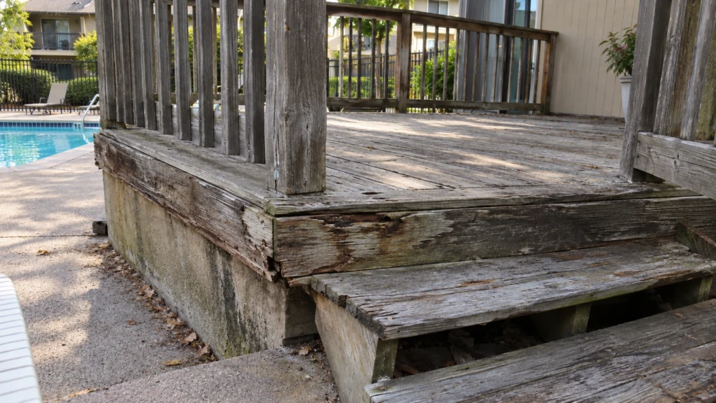 Rotted raised pool deck platform and steps with a soft rim board before rebuild in Roseville