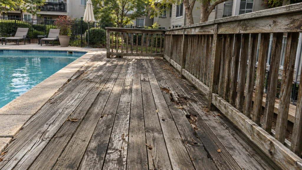 Weathered, splitting wood pool deck at a Roseville apartment community before replacement