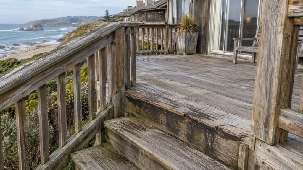 Darkened, decayed deck steps and riser at a level change before rebuild on a bluff-top deck