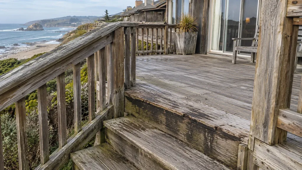Darkened, decayed deck steps and riser at a level change before rebuild on a bluff-top deck