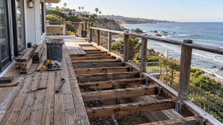 Deck boards removed exposing water-darkened joists during an ocean-view deck replacement