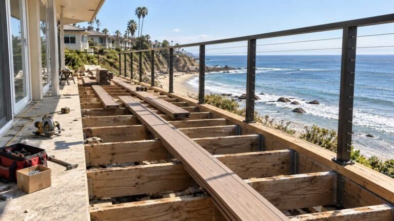 Open deck framing with new boards being laid along a cable railing above the coastline