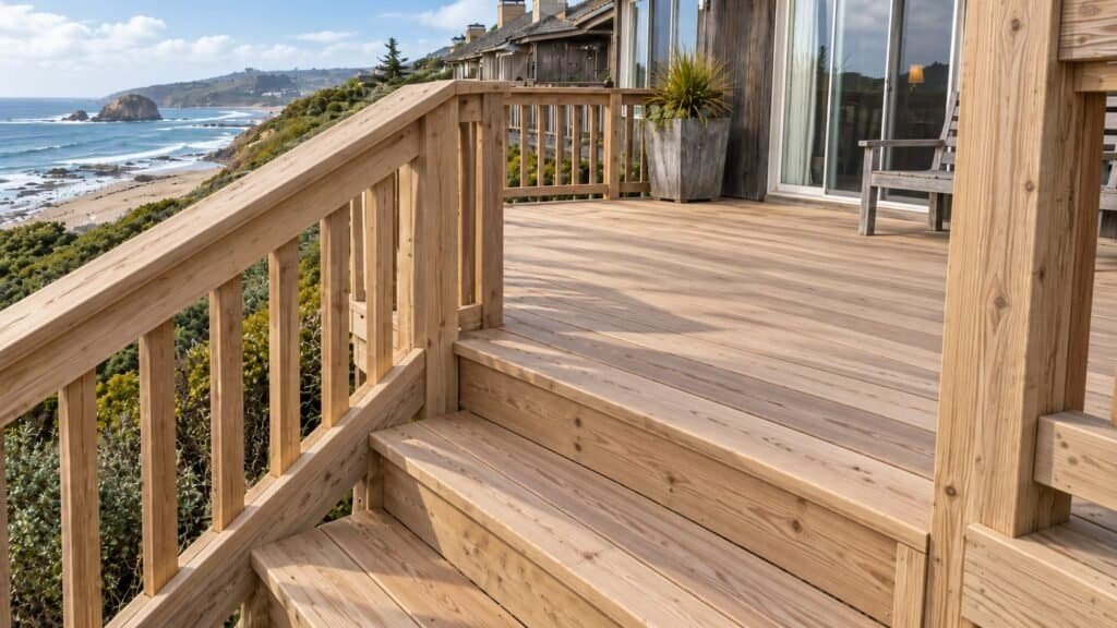 Rebuilt deck steps and riser at the level change with new treads and guardrail in San Mateo