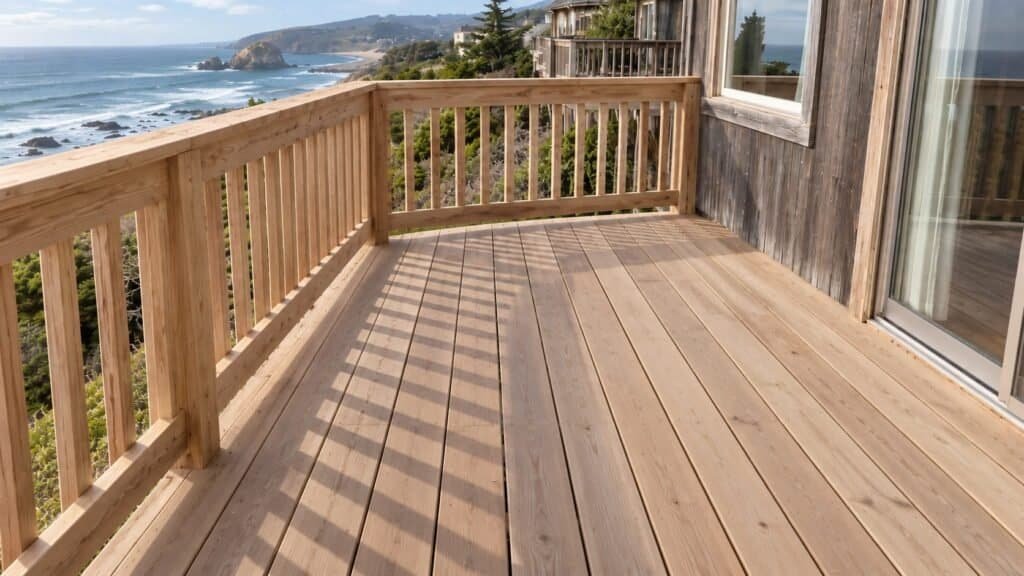 Replaced ocean-view deck with new decking and code-height wood guardrail in San Mateo