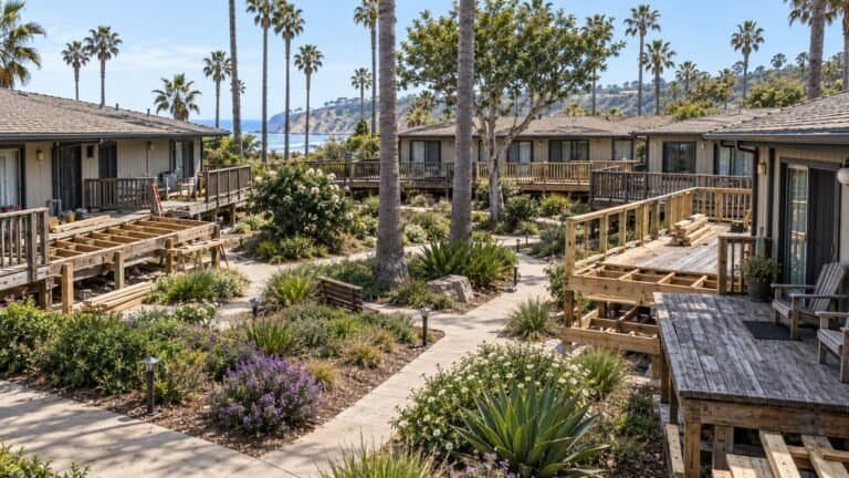 Bungalow courtyard community with patio decks at different stages of the rebuild program in San Rafael