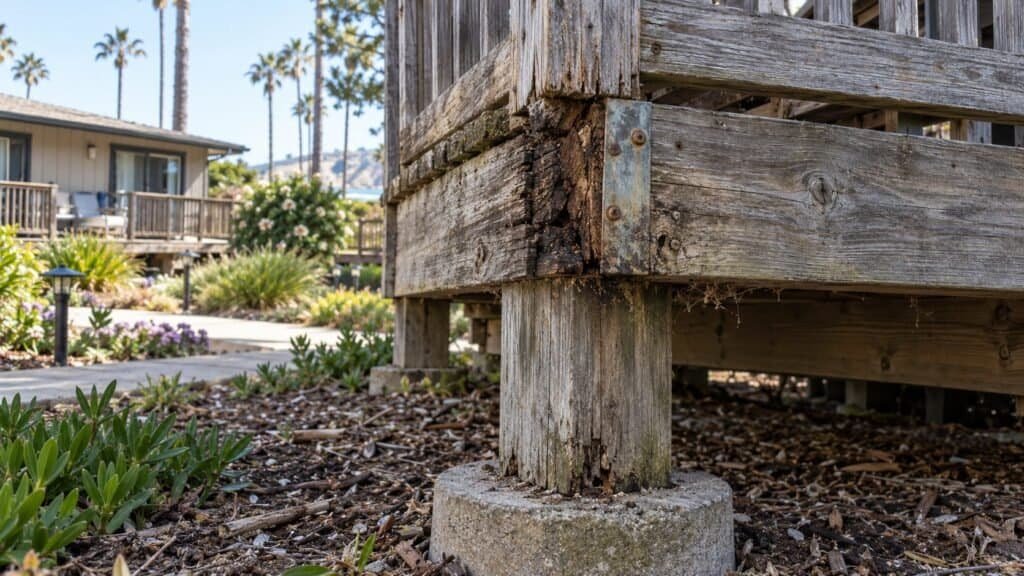 Deck post rotted at the base where it sits directly on a concrete pier, with a corroded bracket above