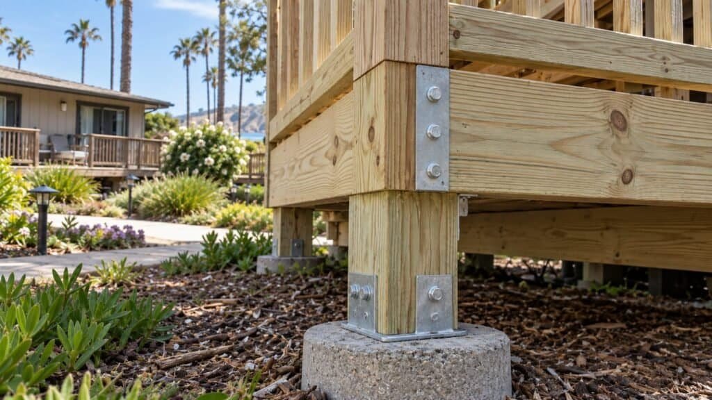 New pressure-treated post set on a galvanized standoff base above the concrete pier after rebuild