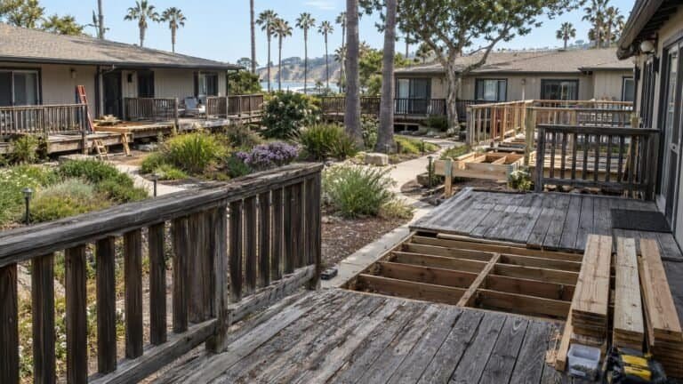 Patio deck stripped to the joists beside an untouched deck during a courtyard-wide rebuild in San Rafael