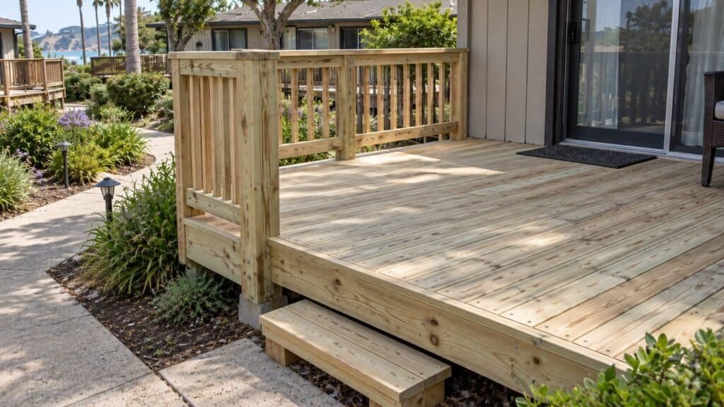 Rebuilt patio deck with new pressure-treated decking, guardrail and step at a San Rafael bungalow unit