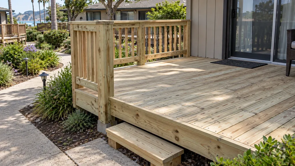 Rebuilt patio deck with new pressure-treated decking, guardrail and step at a San Rafael bungalow unit