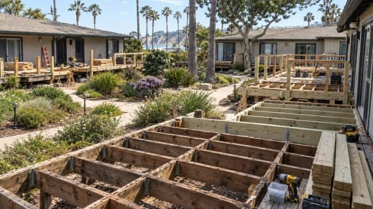 Several patio decks under rebuild at once with new framing and posts across a bungalow courtyard