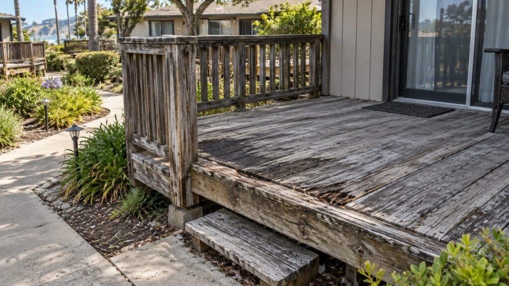 Weathered patio deck with a worn guardrail and step at a San Rafael bungalow unit before replacement
