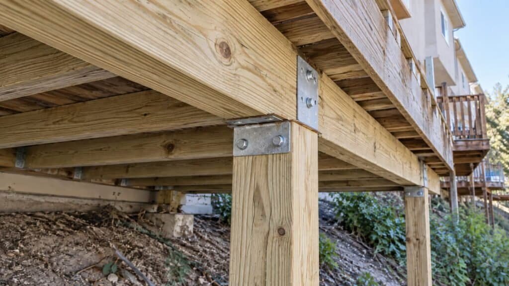 New pressure-treated posts and beams with fresh galvanized connectors under a rebuilt townhome deck