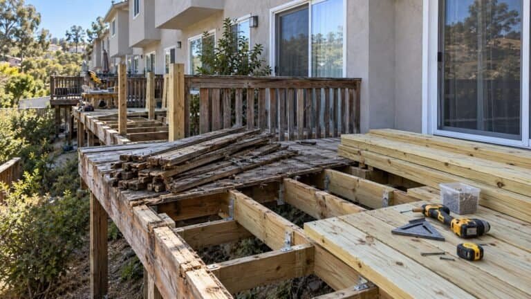 Old rotted decking removed and new pressure-treated framing with galvanized hardware during a community deck rebuild