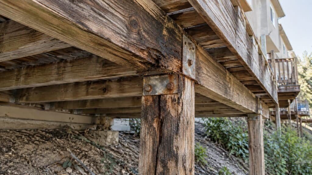 Rotted post-to-beam connection with a corroded bracket under a hillside townhome deck before replacement