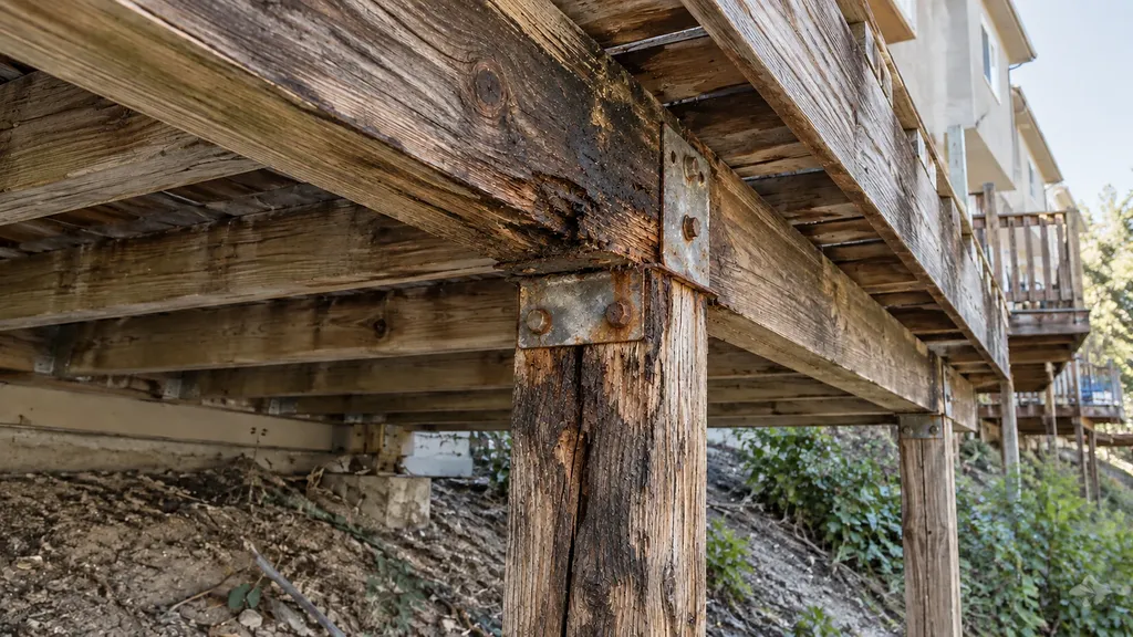 Rotted post-to-beam connection with a corroded bracket under a hillside townhome deck before replacement