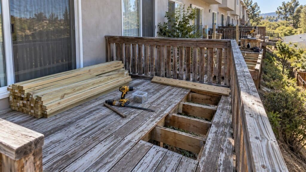 Weathered townhome deck with old decking and a section removed exposing joists before replacement in San Ramon