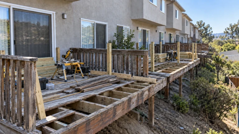 Row of hillside townhome decks under replacement in San Ramon with old decking removed and new pressure-treated framing