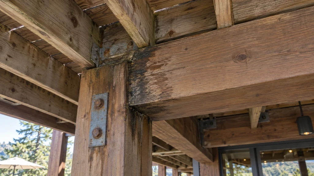 Moisture-damaged post-to-beam connection with a corroding bracket under a restaurant deck before repair