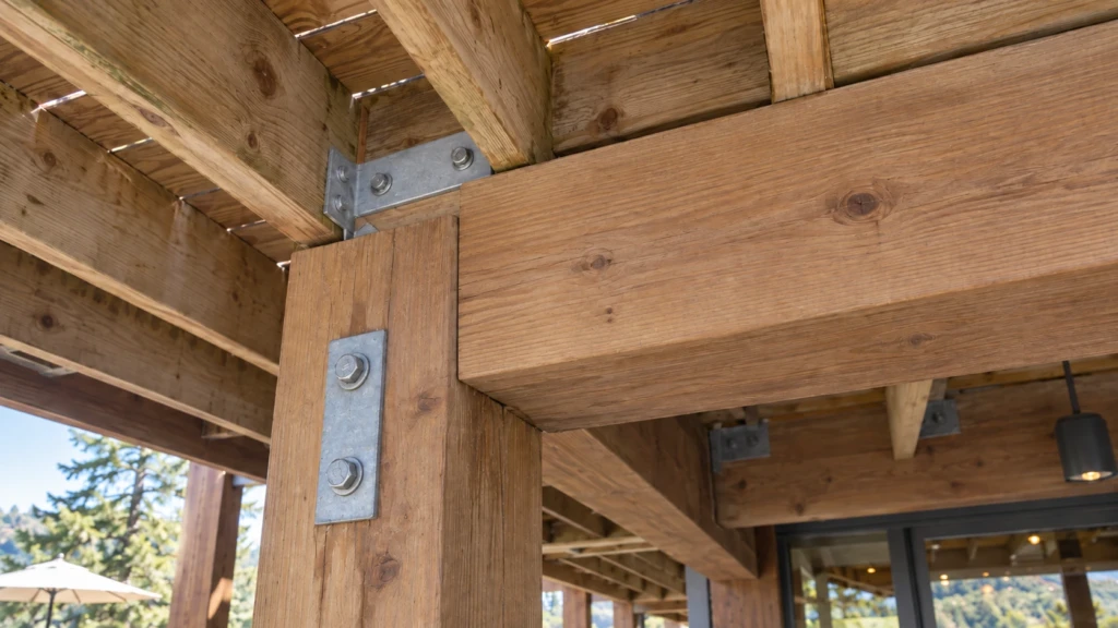 Restored post-to-beam connection with new galvanized bracket and sealed timber under a restaurant deck