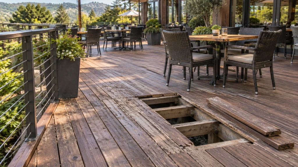 Weathered restaurant deck boards with a section removed exposing joists before restoration in Saratoga