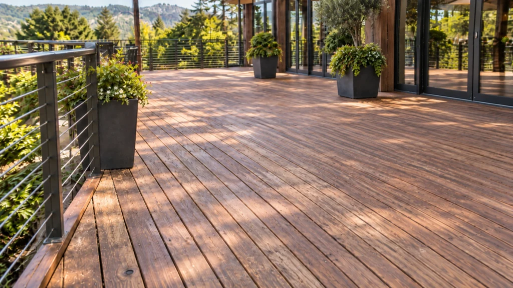 Restored restaurant dining deck with new wood decking and cable railing after repair in Saratoga