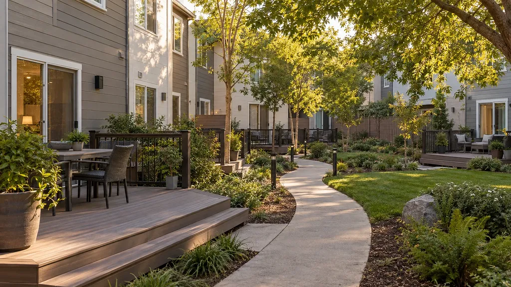 Trex decking Sacramento CA — composite deck with dining area at a townhome community