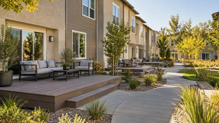 Trex decking Sacramento — composite lounge deck with wide steps in a landscaped courtyard