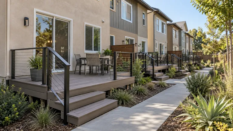Trex decking Sacramento — composite deck with cable railing and steps at a garden-style apartment community