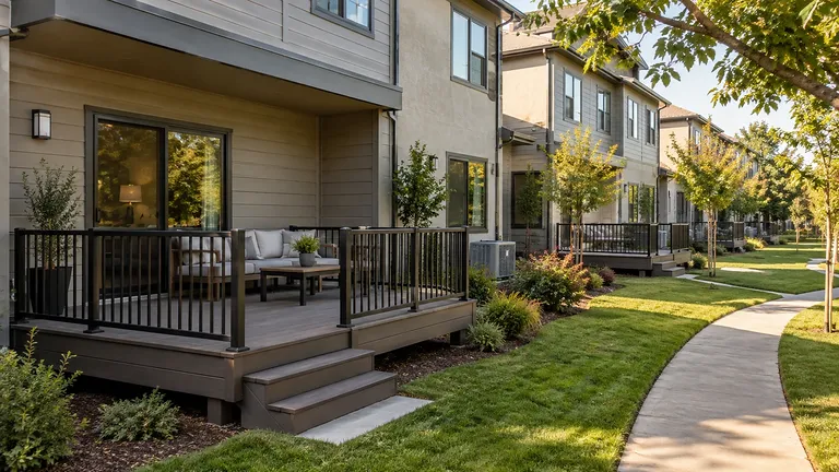 Trex decking Sacramento CA — covered composite deck with metal guardrail and steps
