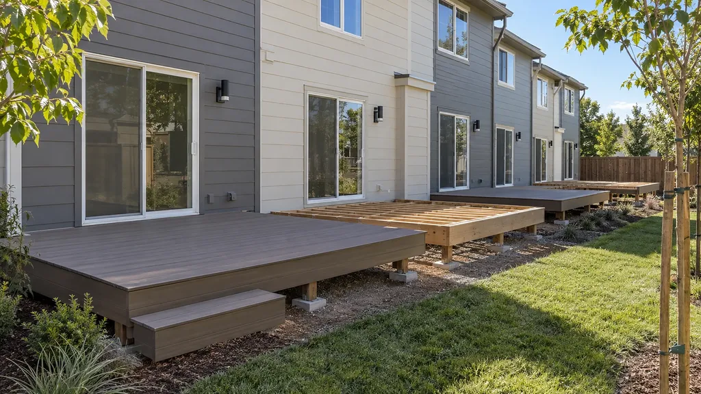 Trex deck Sacramento — joist framing at spec spacing with composite boards being laid over it