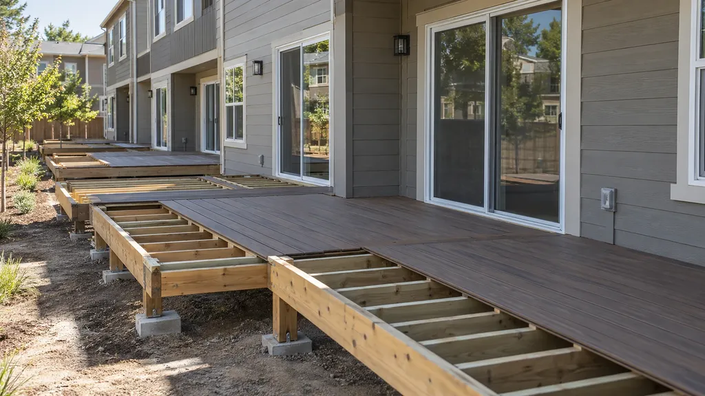 Trex decking contractors Sacramento — composite boards being installed over protected joists at a townhome community