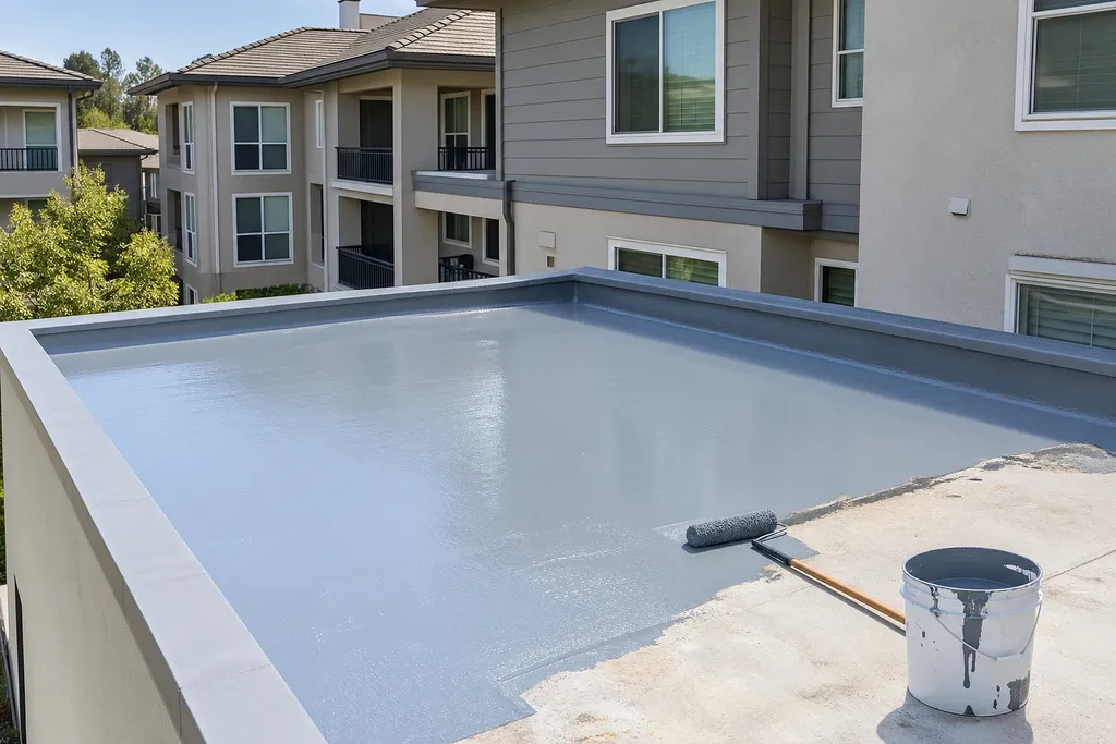 Waterproof deck contractors Sacramento applying a traffic coating to an elevated balcony deck